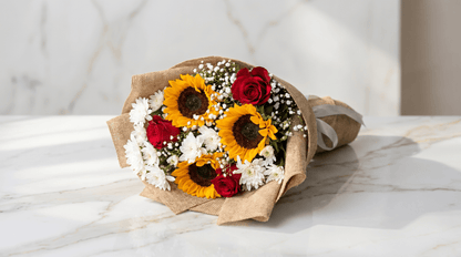 Sunshine Trio Bloom Side View – Vibrant Sunflower & Rose Arrangement | Boutique de Fleurs Lahore Pakistan