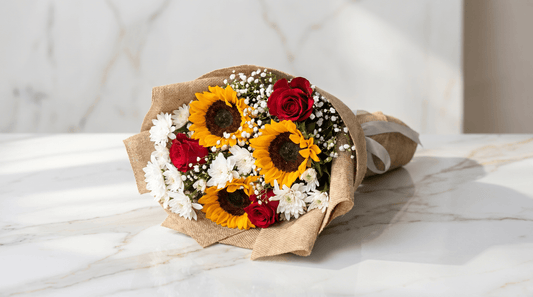 Sunshine Trio Bloom Side View – Vibrant Sunflower & Rose Arrangement | Boutique de Fleurs Lahore Pakistan