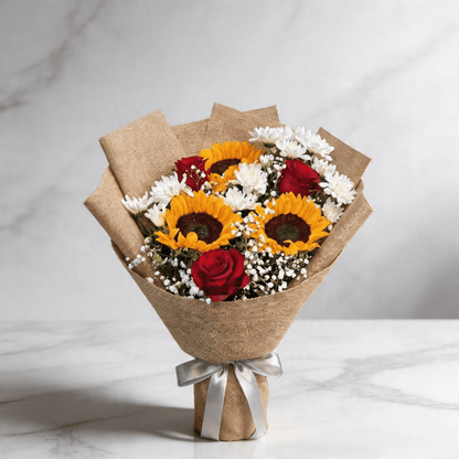 Sunshine Trio Bloom – Sunflower Bouquet with Roses & Mixed Blooms | Boutique de Fleurs Lahore Pakistan