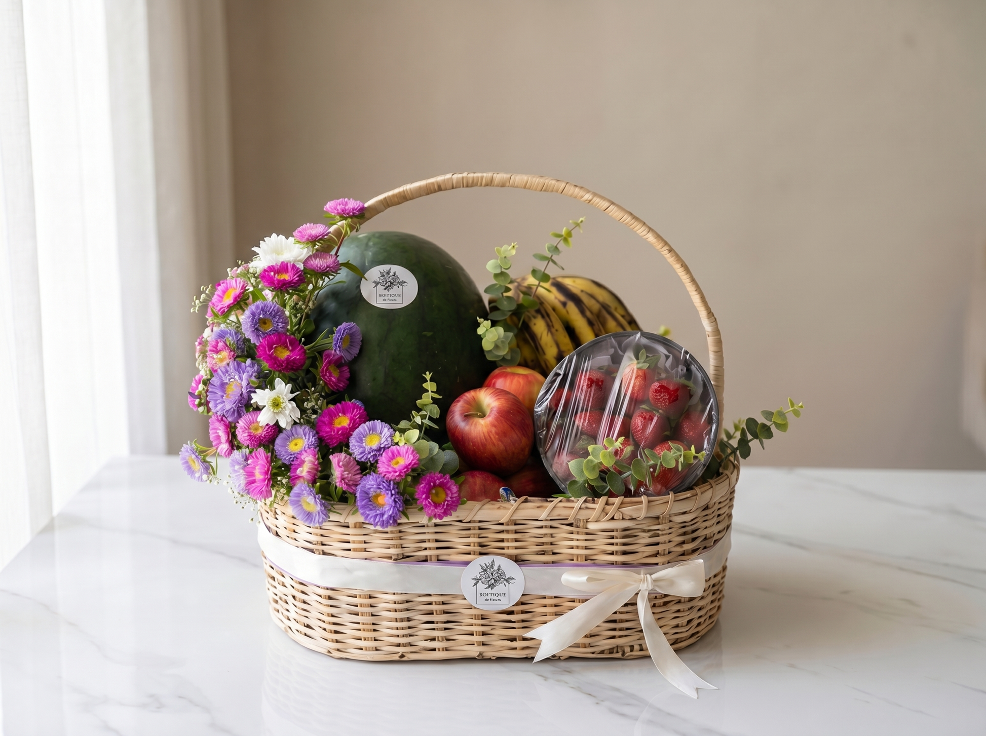 Fresh Harvest Fruit Basket – Vibrant Seasonal Fruits with Delicate Florals | Boutique de Fleurs Lahore Pakistan