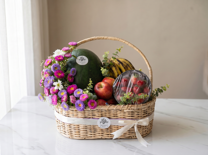Fresh Harvest Fruit Basket – Vibrant Seasonal Fruits with Delicate Florals | Boutique de Fleurs Lahore Pakistan