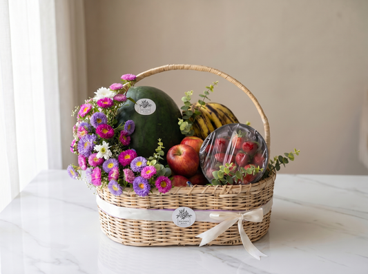 Fresh Harvest Fruit Basket – Vibrant Seasonal Fruits with Delicate Florals | Boutique de Fleurs Lahore Pakistan