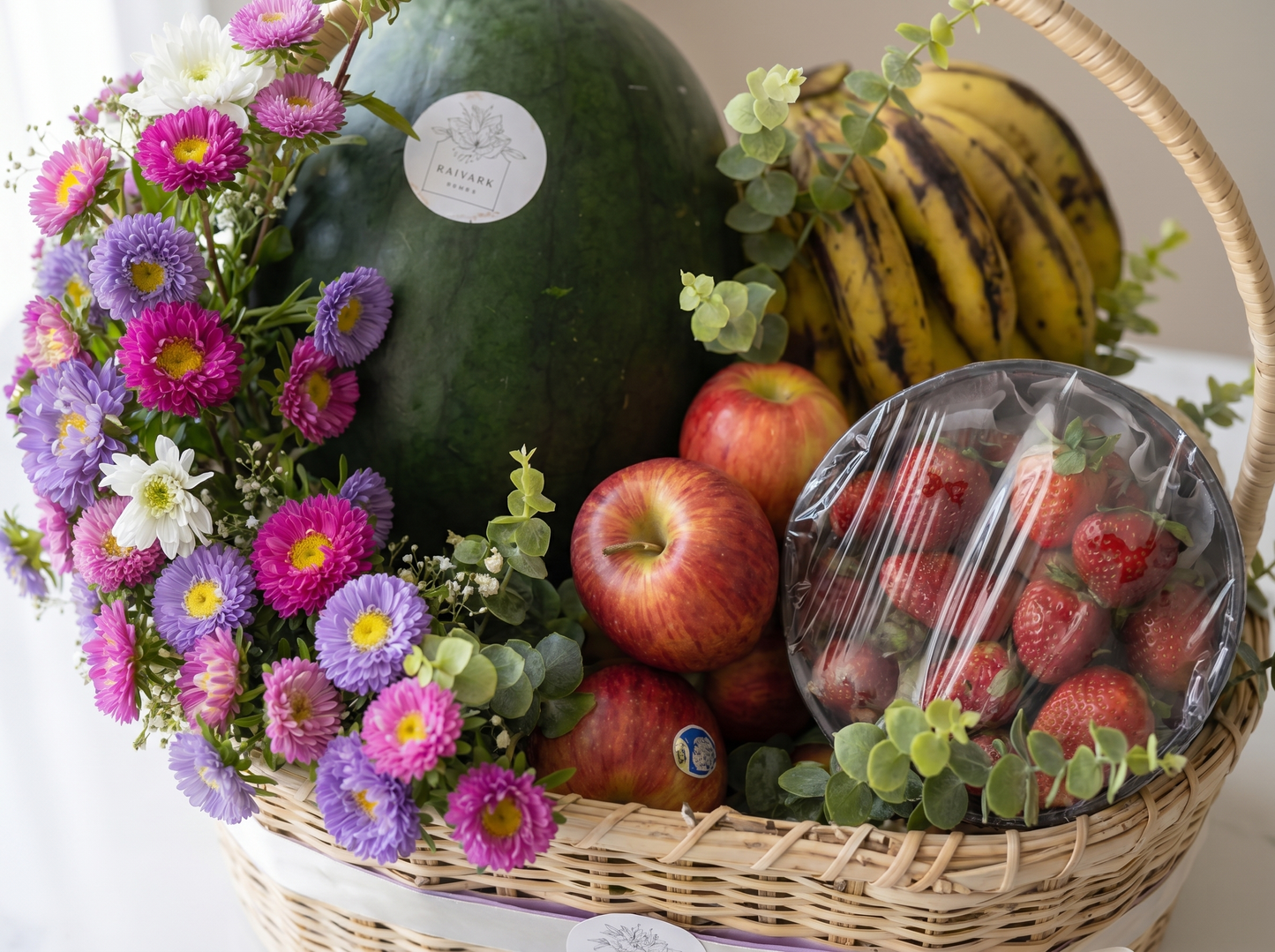 Fresh Harvest Fruit Basket Side View – Elegant Fruit & Flower Gift Basket | Boutique de Fleurs Lahore Pakistan