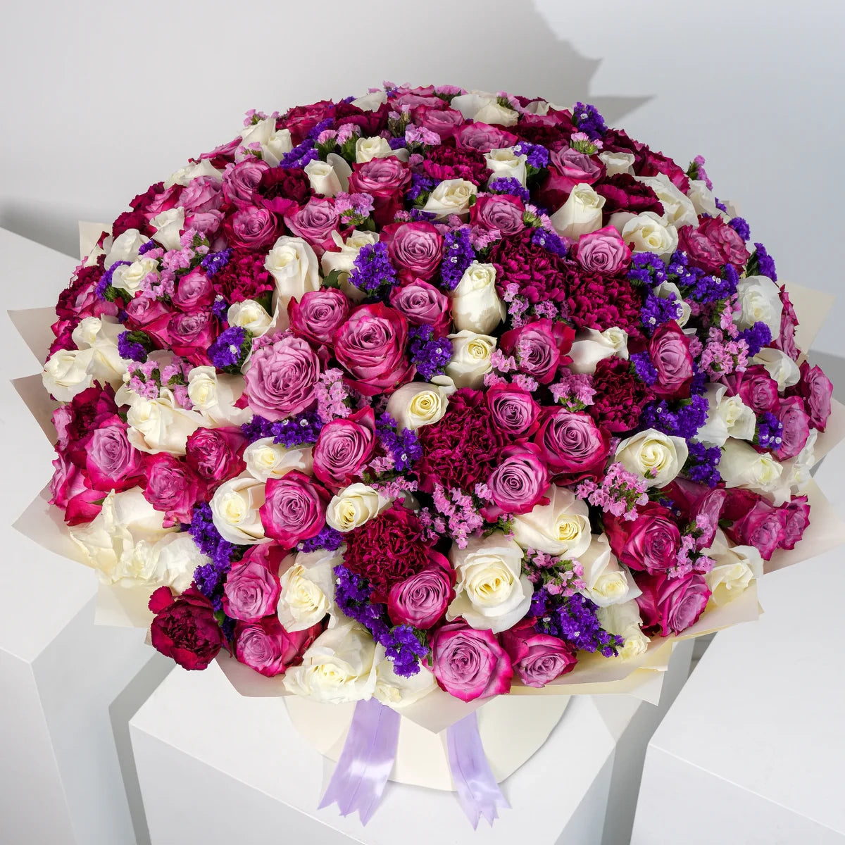 Ivy Grand Bouquet Detail – Purple Carnations & White Roses | Boutique de Fleurs Lahore Pakistan