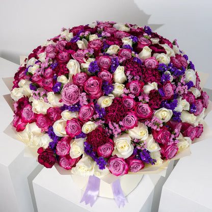 Ivy Grand Bouquet Detail – Purple Carnations & White Roses | Boutique de Fleurs Lahore Pakistan