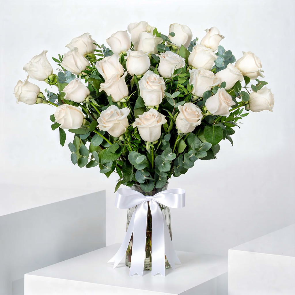 Elegant white rose vase arrangement – premium flower delivery in Lahore
