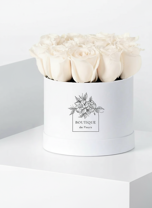 Pearl Serenity luxury hatbox with fresh white roses, available for flower delivery in Lahore