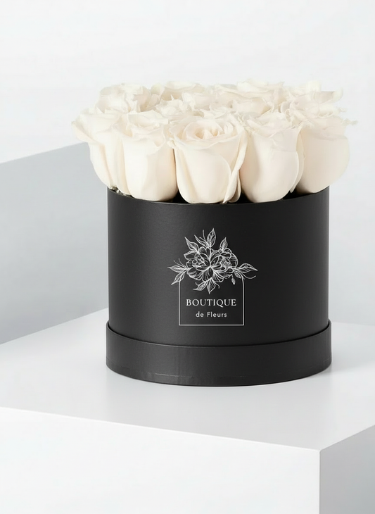 Pearl Serenity luxury hatbox with fresh white roses, available for flower delivery in Lahore