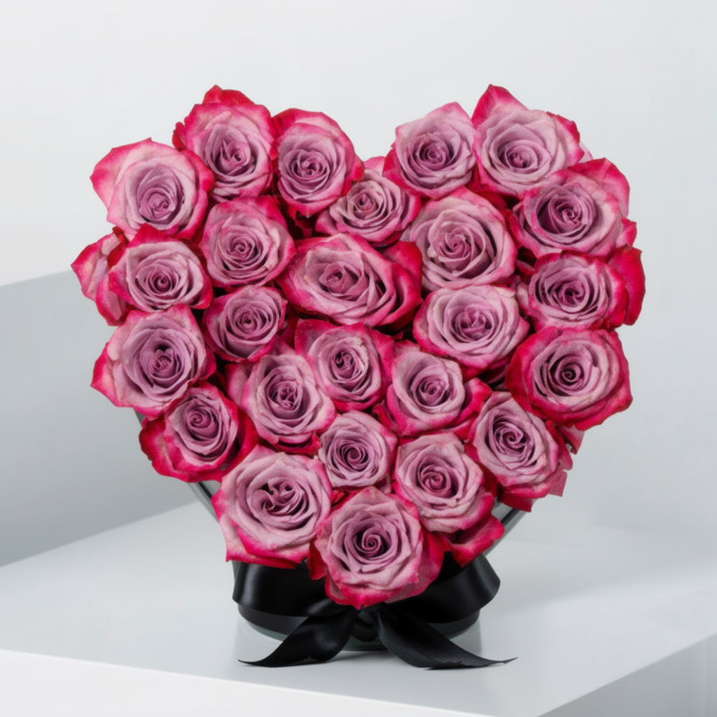 20-25 fresh purple roses arranged in a heart-shaped box for Valentine’s Day delivery in Lahore