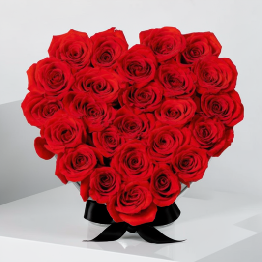 Romantic red rose heart box with 25 fresh roses – Valentine’s Day flower delivery in Lahore