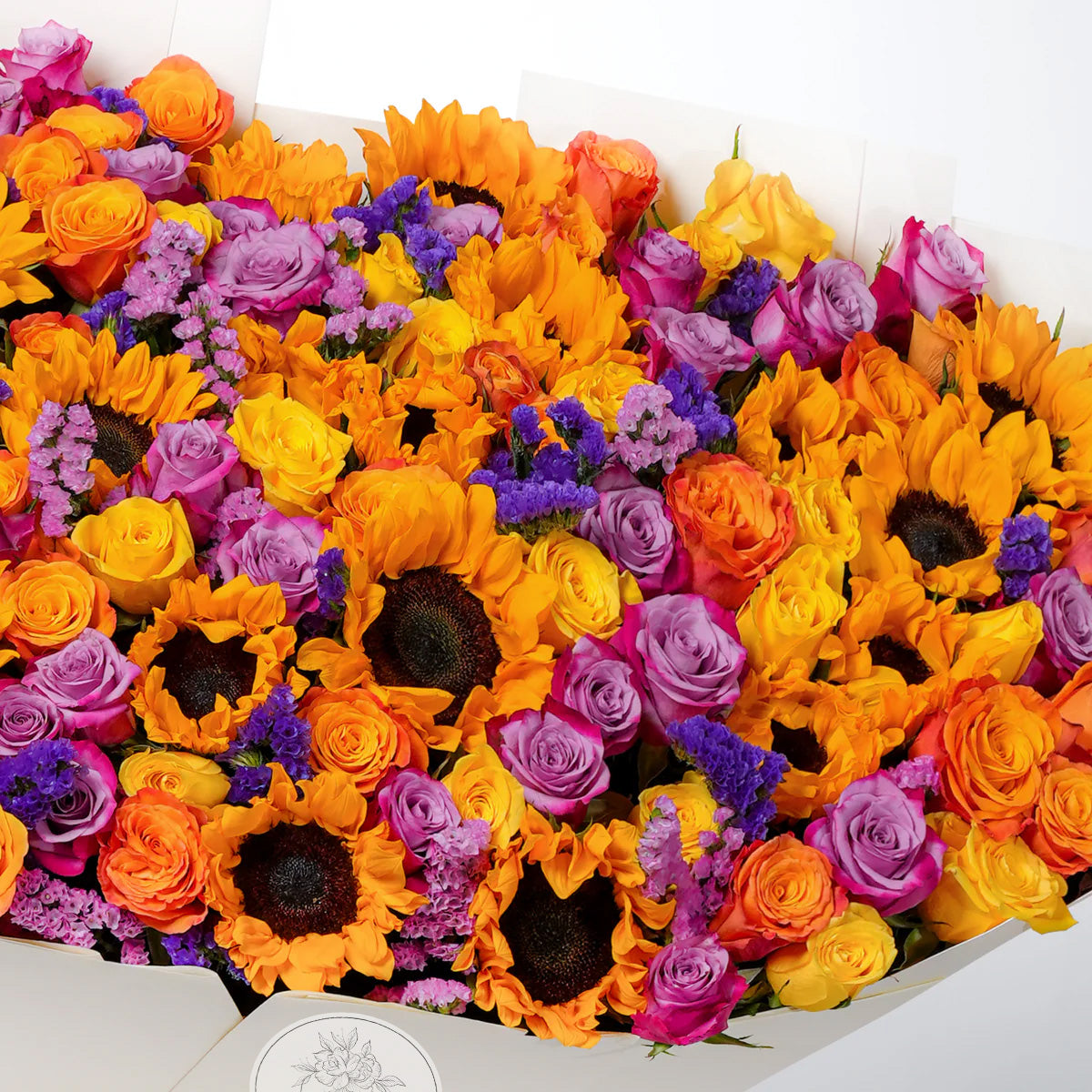 Vibrant Grand Bouquet Detail – Golden Sunflowers with Deep Purple Roses | Boutique de Fleurs Lahore Pakistan