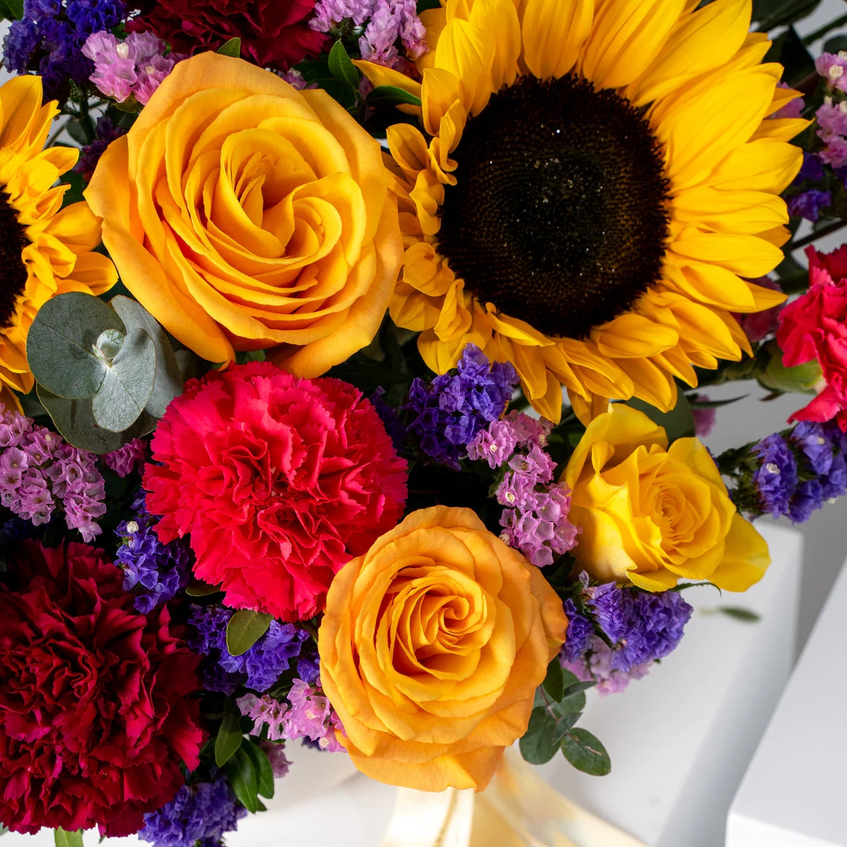 Vivid Vibrance Vase Side View – Colorful Sunflower & Rose Vase Arrangement Lahore Pakistan